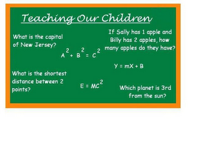TEACHING OUR CHILDREN WHAT IS THE CAPITAL OF NEW JERSEY? A2 + B2 = C2 WHAT IS THE SHORTEST DISTANCE BETWEEN 2 POINTS? E = MC2 IF SALLY HAS A 1 APPLE AND BILLY HAS 2 APPLES, HOW  MANY APPLIES DO THEY HAVE? Y = MX + B WHICH PLANET IS 3RD FROM THE SUN? logo