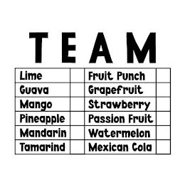 TEAM LIME FRUIT PUNCH GUAVA GRAPEFRUIT MANGO STRAWBERRY PINEAPPLE PASSION FRUIT MANDARIN WATERMELON TAMARIND MEXICAN COLA logo