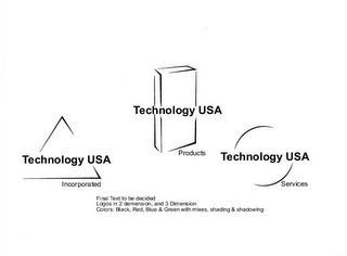 TECHNOLOGY USA INCORPORATED TECHNOLOGY USA PRODUCTS TECHNOLOGY USA SERVICES FINAL TEXT TO BE DECIDED LOGOS IN 2 DIMENSIONS AND 3 DIMENSIONS COLORS BLACK, RED, BLUE & GREEN WITH MIXES, SHADING & SHADOWING logo