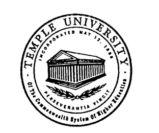 TEMPLE UNIVERSITY OF THE COMMONWEALTH SYSTEM OF HIGHER EDUCATION INCORPORATED MAY 12, 1888 PERSEVERANTIA VINCIT logo