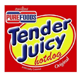 TENDER JUICY HOTDOG SAN MIGUEL PUREFOODS ORIGINAL ARTIFICIALLY COLORED logo