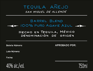 TEQUILA AÑEJO SAN MIGUEL DE ALLENDE BARREL BLEND 100% PURO AGAVE AZUL HECHO EN TEQUILA, MÉXICO DENOMINACIÓN DE ORIGEN BOTELLA NÚMERO: APROBADO POR: LOTE NÚMERO: FECHA: 40% ALC./VOL. 750ML logo