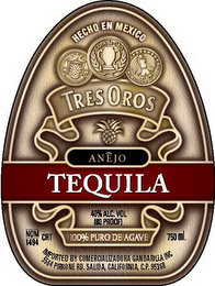 TEQUILA HECHO EN MEXICO TRES OROS ANEJO 100% PURO DE AGAVE logo