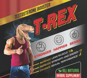 TESTOSTERONE BOOSTER T-REX STRONGER HAPPIER SEXIER INCREASE LEAN MUSCLE INCREASE STRENGTH AND ENERGY ENHANCE SEXUAL PERFORMANCE ALL NATURAL HERBAL SUPPLEMENT logo