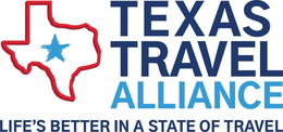 TEXAS TRAVEL ALLIANCE LIFE'S BETTER IN A STATE OF TRAVEL logo