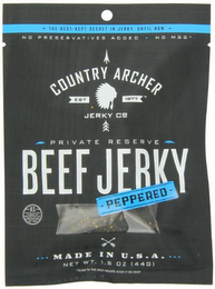 THE BEST-KEPT SECRET IN JERKY, UNTIL NOW. NO PRESERVATIVES ADDED NO MSG* COUNTRY ARCHER EST 1977 JERKY CO PRIVATE RESERVE BEEF JERKEY PEPPERED MADE IN U.S.A. NET WT. 3 OZ (88G) *EXCEPT FOR THAT WHICH NATURALLY OCCURS IN SOY SAUCE logo