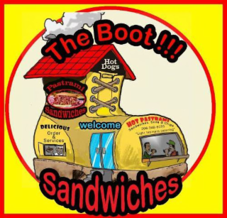 THE BOOT!!! HOT DOGS PASTRAMI SANDWICHES DELICIOUS ORDER & SERVICES WELCOME HOT PASTRAMI SANDWICHES, SODA & CHIPS 206 348 6185 LIGHT INTIMATE CATERING SANDWICHES logo