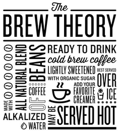 THE BREW THEORY MADE WITH ALKALIZED WATER ALL NATURAL BLEND OF COFFEE BEANS READY TO DRINK COLD BREW COFFEE LIGHTLY SWEETENED WITH ORGANIC SUGAR BEST SERVED OVER ICE ADD YOUR FAVORITE CREAMER MAY BE SERVED HOT logo