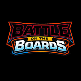 THE COLOR RED APPEARS IN THE LETTERING OF THE WORD "BATTLE" AND IN THE INNER BORDER OF THE SHIELD-SHAPED DESIGN. THE COLOR ORANGE APPEARS IN THE OUTER BORDER OF THE SHIELD-SHAPED DESIGN. THE COLOR YELLOW APPEARS IN THE BANNER RIBBON BEHIND THE WORDS "ON THE." THE COLORS WHITE AND BLUE APPEAR IN THE LETTERING OF THE WORD "BOARDS," SHADING FROM WHITE TO LIGHT BLUE. THE COLOR BLACK APPEARS IN THE BACKGROUND OF THE MARK. logo