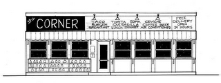 THE CORNER TACO BURGER BREAKFAST TORTA QUESADILLA LUNCH DINNER CEVICHE COFFEE BEER AIR CONDITIONED FREE DELIVERY OPEN 24 HOURS logo