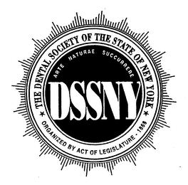 THE DENTAL SOCIETY OF THE STATE OF NEW YORK ARTE NATURAE SUCCURRERE DSSNY ORGANIZED BY ACT OF LEGISLATURE - 1868 logo