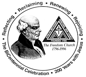 THE FREEDOM CHURCH 1796-1996 · REFLECTING · RECLAIMING · RENEWING · REJOICING · THE BICENTENNIAL CELEBRATION · 200 YEARS WITH JESUS · AMEZ AFRICAN METHODIST EPISCOPAL ZION CHURCH FOUNDED 1796  JAMES VARICK logo
