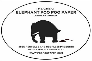 THE GREAT ELEPHANT POO POO PAPER COMPANY LIMITED 100% RECYCLED AND ODORLESS PAPER PRODUCTS MADE FROM ELEPHANT POO! WWW.POOPOOPAPER.COM logo
