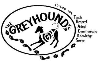THE GREYHOUND WAY TGW FOLLOW THE TRACKS TEACH RESPECT ADOPT COMMUNICATE KNOWLEDGE SERVE logo