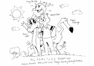 THE H.E.A.L.T.H.E.E. FOUNDATION HELPING EDUCATE ADOLESCENT LIVES THROUGH HEALTHY EATING & EXERCISE CHUB B. BEAR CB FLOPPY FLAMINGO GLORIA GATOR VINNY THE FISH logo