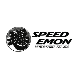 THE JAPANESE CREST STYLE ROUNDED LOGO CONTAIN KANJI LETTERS (BAKUSO) ON THE LEFT. ON THE RIGHT OF THE CREST WE HAVE OUR BRAND NAME "SPEED EMON" AND SLOGAN "MOTOR SPRIT" WITH OUR ESTABLISHED YEAR logo