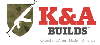 THE LOGO IS A RIFLE OUTLINE ANGLED DIAGONALLY TO THE RIGHT WITH A CAMO FILLED SHIELD BEHIND IT AND THE WORDING IS K&A BUILDS WHICH K&A IS FILLED IN WITH RED NEXT TO IT. logo