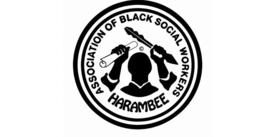 THE MARK CONSISTS OF A CIRCULAR BLACK-AND-WHITE DESIGN FEATURING THE STYLIZED SILHOUETTE OF A PERSON CENTERED WITHIN THE MARK, WITH RAISED ARMS HOLDING A ROLLED SCROLL IN ONE HAND AND A FEATHER-LIKE WRITING INSTRUMENT IN THE OTHER. THE DESIGN IS ENCLOSED WITHIN CONCENTRIC CIRCULAR BORDERS. THE WORDING “ASSOCIATION OF BLACK SOCIAL WORKERS” APPEARS IN STYLIZED UPPERCASE LETTERING ALONG THE UPPER PORTION OF THE CIRCLE, AND THE WORDING “HARAMBEE” APPEARS IN STYLIZED LETTERING ALONG THE LOWER PORTION OF THE CIRCLE. THE OVERALL MARK IS PRESENTED IN BLACK AND WHITE WITH NO CLAIM TO COLOR. logo