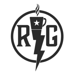 THE MARK CONSISTS OF A CIRCULAR DESIGN FEATURING THE STYLIZED LETTERS "R" AND "G" POSITIONED ON THE LEFT AND RIGHT SIDES, RESPECTIVELY. BETWEEN THE TWO LETTERS, A LIGHTNING BOLT EXTENDS VERTICALLY FROM THE TOP OF THE CIRCLE TO BELOW ITS LOWER EDGE. A COFFEE CUP WITH A HANDLE ON ITS RIGHT SIDE SITS ATOP THE LIGHTNING BOLT, WITH A FIVE-POINTED STAR CENTERED ON THE BODY OF THE CUP AND TWO WAVY LINES OF STEAM RISING FROM THE TOP OF THE CUP. THE ENTIRE DESIGN IS ENCLOSED WITHIN A THICK CIRCULAR BORDER. logo
