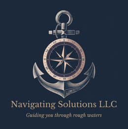 THE MARK CONSISTS OF A NAUTICAL ANCHOR AND COMPASS DESIGN IN METALLIC SILVER AND BEIGE, CENTERED ON A NAVY BLUE BACKGROUND, WITH THE WORDING ‘NAVIGATING SOLUTIONS LLC’ AND 'GUIDING YOU THROUGH ROUGH WATERS' IN GOLD SERIF LETTERING BELOW THE DESIGN. logo