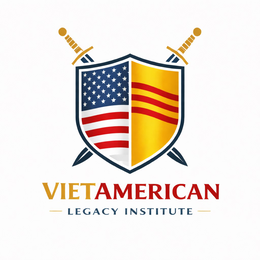 THE MARK CONSISTS OF A SHIELD DESIGN DIVIDED VERTICALLY INTO TWO HALVES — THE LEFT HALF DISPLAYS THE AMERICAN FLAG (BLUE CANTON WITH WHITE STARS AND RED AND WHITE STRIPES), AND THE RIGHT HALF DISPLAYS THE FLAG OF THE REPUBLIC OF VIETNAM (YELLOW/GOLD BACKGROUND WITH THREE HORIZONTAL RED STRIPES). TWO CROSSED SWORDS WITH GOLD HANDLES AND DARK GRAY BLADES APPEAR BEHIND THE SHIELD, FORMING AN "X" PATTERN. THE SHIELD HAS A DARK NAVY BLUE BORDER. BELOW THE SHIELD APPEARS THE TEXT "VIETAMERICAN" IN BOLD, WITH "VIET" IN GOLD/YELLOW AND "AMERICAN" IN DARK NAVY BLUE. BELOW THAT, FLANKED BY TWO SHORT HORIZONTAL LINES, APPEARS THE TEXT "LEGACY INSTITUTE" IN DARK NAVY BLUE CAPITAL LETTERS. logo