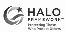 THE MARK CONSISTS OF A STYLIZED CIRCULAR DESIGN FORMED BY TWO CURVED BANDS THAT CREATE AN INCOMPLETE RING SURROUNDING A CENTRAL WAVE DESIGN. A FIVE-POINTED STAR APPEARS AT THE UPPER PORTION OF THE CIRCLE, PARTIALLY OVERLAPPING THE CIRCULAR DESIGN. TO THE RIGHT OF THE DESIGN ARE THE WORDS "HALO FRAMEWORK" IN STYLIZED UPPERCASE LETTERING, WITH THE WORD "FRAMEWORK" APPEARING BELOW "HALO." BENEATH THE WORDING APPEARS THE TAGLINE "PROTECTING THOSE WHO PROTECT OTHERS." logo