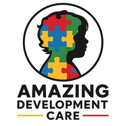 THE MARK CONSISTS OF A STYLIZED HUMAN HEAD SILHOUETTE FORMED BY INTERLOCKING PUZZLE PIECES IN THE COLORS GREEN, YELLOW, BLUE, AND RED, ENCLOSED WITHIN A BLACK CIRCULAR BORDER. BELOW THE DESIGN APPEARS THE WORDING "AMAZING DEVELOPMENT CARE" IN BLACK LETTERING. A YELLOW HORIZONTAL LINE APPEARS BENEATH THE WORD "DEVELOPMENT" AND A RED HORIZONTAL LINE APPEARS BENEATH THE WORD "CARE."
