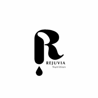 THE MARK CONSISTS OF A STYLIZED LETTER “R” FORMED WITH ABSTRACT CURVES, SUGGESTIVE OF FLOWING LIQUID OR BOTANICAL ELEMENTS, WITH A DROPLET SHAPE CENTERED DIRECTLY BELOW IT. BENEATH THE DROPLET, THE LITERAL ELEMENTS “REJUVIA NUTRITION” APPEAR IN TWO LINES; “REJUVIA” IS IN UPPERCASE AND A LARGER FONT, WHILE “NUTRITION” APPEARS IN TITLE CASE WITH A SMALLER FONT SIZE DIRECTLY BELOW. logo