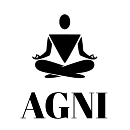 THE MARK CONSISTS OF A STYLIZED SILHOUETTE OF A HUMAN FIGURE SEATED IN A CROSS-LEGGED MEDITATION POSE WITH ARMS EXTENDED OUTWARD AND HANDS RESTING ON THE KNEES. AN INVERTED TRIANGLE IS DISPLAYED ON THE TORSO OF THE FIGURE. ABOVE THE FIGURE IS AN OVAL SHAPE REPRESENTING THE HEAD. BELOW THE FIGURE APPEARS THE WORDING "AGNI" IN BOLD, UPPERCASE SERIF LETTERING. logo