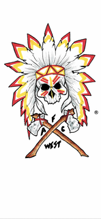 THE MARK CONSISTS OF INDIAN SKULL WITH FEATHERHEAD AND HEADBAND WITH A FEATHER CHAIN HANGING ON EACH SIDE OF THE INDIAN SKULL -17 FEATHERS COLORS RED, YELLOW, WHITE. THE INDIAN SKULL HAS RED AND YELLOW STRIPES ON FACE. BLACK EYES, EYE LASHES, BLACK NOSE, TWO (2) TOMAHAWKS WITH RED ROPES TIED AROUND THE BLADE IN FRONT OF THE INDIAN SKULL WITH THE LETTERS "AFC" AND THE WORD "WEST" AROUND THE TOMAHAWKS. logo