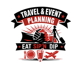 THE MARK CONSISTS OF THE FOLLOWING WORDING IN STYLIZED CAPITAL LETTERS "TRAVEL & EVENT" APPEARING IN WHITE ON A CURVED BLACK BANNER. "PLANNING" APPEARING IN WHITE ON A CURVED RED BANNER POSITIONED BELOW THE FIRST. "EAT SIP'N DIP" APPEARING IN WHITE ON A CURVED BLACK BANNER AT THE BOTTOM. THE WORDS "EAT" AND "DIP" ARE IN WHITE. THE WORDS "SIP'N" ARE IN RED. logo