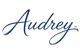 THE MARK CONSISTS OF THE STYLIZED WORDING "AUDREY" IN A CUSTOM HAND-LETTERED SCRIPT. THE CAPITAL LETTER "A" FEATURES AN ELONGATED BRUSHSTROKE FLOURISH, AND THE TERMINAL LETTER "Y" FEATURES AN EXTENDED BRUSHSTROKE-STYLE FLOURISH. THE LETTERING HAS VARYING STROKE WIDTHS TO CREATE THE APPEARANCE OF A HAND-PAINTED SIGNATURE. THE MARK APPEARS IN BLUE. logo