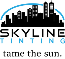 THE MARK CONSISTS OF THE STYLIZED WORDING "SKYLINE" IN BLACK ABOVE "TINTING" IN BLUE, WITH A BLACK SILHOUETTE OF A CITY SKYLINE ABOVE THE WORDING AND A BLUE ARC CURVING OVER THE SKYLINE, AND THE WORDING "TAME THE SUN." IN BLACK BELOW. logo