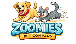 THE MARK CONSISTS OF THE WORD “ZOOMIES” IN A STYLIZED FONT FEATURING A GRADIENT OF LIGHT BLUE TO TEAL WITH DARK TEAL SHADING. ABOVE THE WORDING APPEARS A STYLIZED DEPICTION OF A YELLOW LABRADOR RETRIEVER WITH LIGHT CREAM HIGHLIGHTS, BLACK FACIAL FEATURES, AND A RED COLLAR WITH A GOLD TAG, ALONGSIDE A GRAY AND WHITE CAT WITH DARK GRAY STRIPES, GREEN EYES, AND PINK INNER EARS. BELOW THE WORDING “ZOOMIES” IS A BONE-SHAPED DESIGN IN YELLOW AND ORANGE WITH THE WORDING “PET COMPANY” IN BROWN, FLANKED BY PAW PRINT DESIGNS. THE MARK ALSO INCLUDES LIGHT BLUE AND ORANGE MOTION LINES SUGGESTING MOVEMENT. THE BACKGROUND IS WHITE AND IS NOT CLAIMED AS A FEATURE OF THE MARK. logo