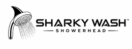 THE MARK CONSISTS OF THE WORDING "SHARKY WASH" ABOVE THE WORD "SHOWERHEAD" WITH HORIZONTAL LINES ON EACH SIDE. TO THE LEFT OF THE WORDING IS A STYLIZED HANDHELD SHOWERHEAD FEATURING A SHARK FIN ON TOP OF THE SHOWERHEAD. logo