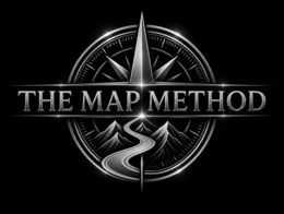 THE MARK CONSISTS OF THE WORDING 'THE MAP METHOD' SUPERIMPOSED OVER A STYLIZED COMPASS DESIGN, WITH A WINDING ROAD LEADING THROUGH MOUNTAINS WITHIN A CIRCULAR COMPASS ELEMENT logo