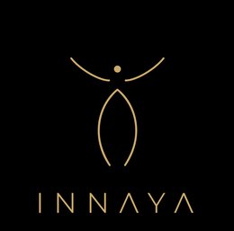 THE MARK CONTAINS A SINGLE WORD: INNAYA, DISPLAYED IN UPPERCASE LETTERS.THE LETTERS ARE IN A GOLD COLOR AGAINST A BLACK BACKGROUND.THE WORD APPEARS CENTERED BELOW THE ABSTRACT FIGURE/DESIGN ELEMENT. logo