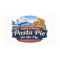 THE MARK IS OVAL SHAPED LOGO WITH A PROMINENT MULTI-LAYERED SCROLL BANNER BELOW. THE LOGO DEPICTS AN AIRPLANE AND SLICE OF PASTA PIE ITEMS OVER A SCENE EVOCATIVE OF THE BAY OF NAPLES LANDSCAPE.VISUAL ELEMENTS:CIRCULAR FRAME: A LIGHT-BLUE SKY WITH WHITE CLOUDS IS ENCLOSED WITHIN A DARK-BLUE CIRCULAR BORDER, WHICH SITS ABOVE A DETAILED STYLIZED RENDERING EVOCATIVE OF THE BAY OF NAPLES.LANDSCAPE: THE LANDSCAPE INCLUDES CALM BLUE WATER, A DISTANT MOUNTAIN EVOCATIVE OF MOUNT VESUVIUS, AND A SHORELINE WITH BUILDINGS (ORANGE-TILED ROOFS) AND HARBOR ELEMENTS. AIRPLANE: PROMINENTLY FLYING FROM LEFT TO RIGHT ACROSS THE BLUE SKY IS A DETAILED ILLUSTRATION OF A NARROW-BODY PASSENGER JET IN WHITE AND DARK BLUE. THE TAIL FIN HAS A SIMPLE BLUE AND WHITE DESIGN.PASTA PIE: TO THE UPPER-RIGHT OF THE CIRCULAR FRAME, BALANCED OPPOSITE THE AIRPLANE, IS A LARGE, DETAILED CROSS-SECTION ILLUSTRATION OF A SLICE OF “PASTA PIE.” IT FEATURES LAYERS OF COOKED PASTA, SAUCE, CHEESE, AND A CLEAR PIE CRUST TOPPING.SCROLL BANNER: A MULTI-LAYERED BANNER IS CENTRALLY POSITIONED BELOW THE CIRCULAR SCENE.TOP SCROLL: A SMALL, RED SCROLL RIBBON WITH THE TEXT “TASTE OF NAPOLI” IN SMALL, WHITE, ALL-CAPS, STYLIZED FONT.MAIN BANNER: A LARGE, MULTI-LOBED BLUE AND GOLD-TRIMMED BANNER FORMS THE CENTER OF THE LOGO. INSIDE, IN LARGE, DECORATIVE, GOLD, STYLIZED FONT WITH SUBTLE SHADING, IS THE TEXT “PASTA PIE”.  BELOW, IN SLIGHTLY SMALLER, WHITE STYLIZED FONT, IS “ON THE FLY”. BOTTOM SCROLL: A SMALL, RED SCROLL RIBBON BORDERED IN YELLOW BELOW THE MAIN BANNER CONTAINS THE TEXT “PASTAPIEONTHEFLY.COM” IN WHITE, STYLIZED FONT. logo