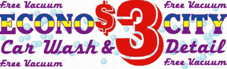 THE MARK IS STATING ECONO CITY CAR WASH & DETAIL WITH 4 TIMES FREE VACUUM SURROUNDING THE MENTIONED BEFOREHAND logo