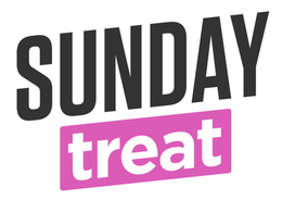 THE NAME SUNDAY IN ALL BLACK BLOCK CAPITAL LETTERS ON AN UPWARD SLANT FROM LEFT TO RIGHT WITH THE LEFT SIDE LOWER THAN THE RIGHT SIDE AND UNDERNEATH AND PARALLEL TO IT A PINK RECTANGLE ON A SLANT ALSO FROM LEFT TO RIGHT WITH THE LEFT SIDE LOWER THAN THE RIGHT SIDE CONTAINING IN ALL SMALL CASE WHITE LETTERING THE WORD TREAT IN ALL WHITE SMALLER CASE LETTERING logo