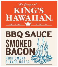 THE ORIGINAL KING'S HAWAIIAN EST 1950 HILO · HI BBQ SAUCE SMOKED BACON RICH SMOKY FLAVOR NOTES logo