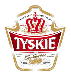 THE ORIGINAL RECIPE TYSKIE BROWARY KSIAZECE A.D. 1629 MADE IN POLAND TYSKIE 1629 TYSKIE GRONIE LONDON 2002 TYSKIE BROWARY KSIAZECE GRAND PRIX 2005 MUNCHEN THE BREWING INDUSTRY INTERNATIONAL AWARDS PREMIUM LAGER BEER EXCELLENT QUALITY OF BEER logo