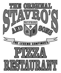 THE ORIGINAL STAVRO'S AND SONS SEAL OF QUALITY SGP THE LEGEND CONTINUES PIZZA RESTAURANT logo