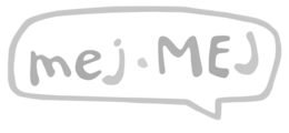 THE OUTLINE OF A SPEECH BUBBLE THAT, INSIDE OF THE SPEECH BUBBLE, INCLUDES STYLIZED TYPE WITH THE FIRST WORD "MEJ" IN LOWERCASE LETTERS, FOLLOWED BY A DOT, AND THE SECOND WORD MEJ IN STYLIZED UPPERCASE LETTERS. logo