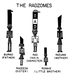 THE RADZOMES BURNO (FATHER) RAD (MAIN CHARACTER) RAZUMA (MOTHER) RADZEDA (SISTER) RONNIE (LITTLE BROTHER) RAD logo