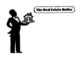 THE REAL ESTATE BUTLER WORDING LIES IN AN OVAL BORDER WITHIN A 3 TONE GREY BACKGROUND COLOR WITH BORDER COLOR OF DARK GREY AND A RED BURGANDY LINE GOING AROUND ON THE OUTSIDE OF THE BORDER .- ALSO THE WORDS THE BUTLER DID IT !! APPEAR BY THE BUTLERS IMAGE. logo