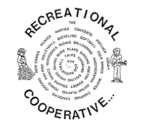 THE RECREATIONAL COOPERATIVE THE FUN ZOO RAQUETBALL TRIPS COOKING SAILING HIKING SKIING MIME PLAYS SINGING POETRY SUNSET SQUARE DANCE HORSEBACK RIDING BALLOONING PHOTOGRAPHY logo