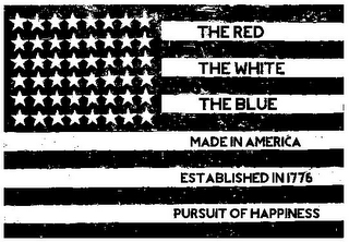THE RED THE WHITE THE BLUE MADE IN AMERICA ESTABLISHED IN 1776 PURSUIT OF HAPPINESS logo