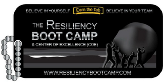 THE RESILIENCY BOOT CAMP & CENTER OF EXCELLENCE (COE) BELIEVE IN YOURSELF BELIEVE IN YOUR TEAM EARN THE TAB WWW.RESILIENCYBOOTCAMP.COM logo