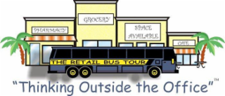 THE RETAIL BUS TOUR PHARMACY GROCERY SPACE AVAILABLE CAFÉ " THINKING OUTSIDE THE OFFICE " logo